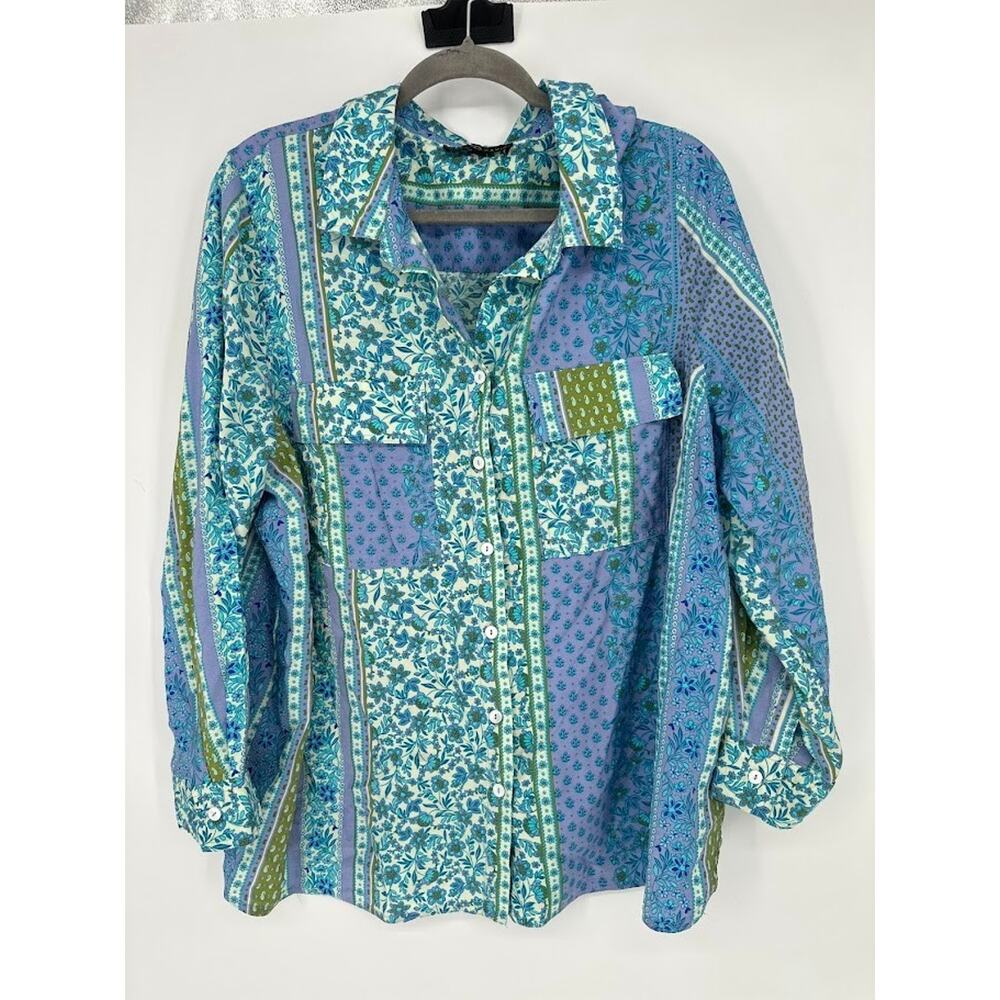 Fred David Womens Button Up Patchwork Top Size 2X Cottage Bohemian Floral Artsy